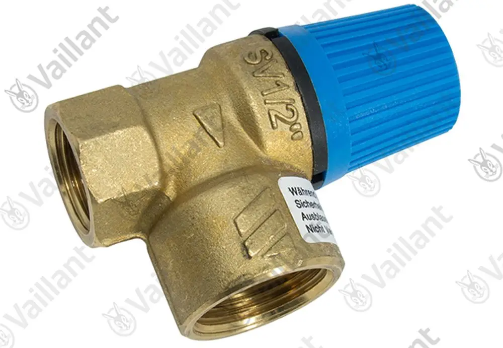 Vaillant Sicherheitsventil mit zwei Anschlussgewinden, einem blauen Drehknauf und einer Kennzeichnung auf der Seite.